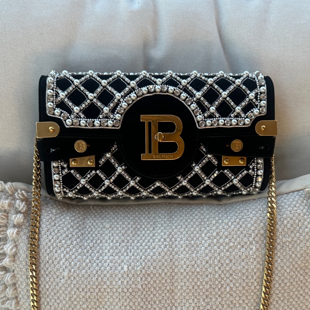 Balmain Black and Gold Crystal-Embellished Clutch